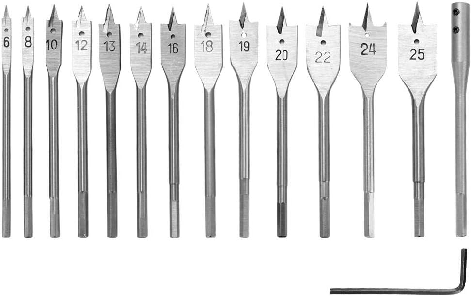 15PCS Paddle Flat Wood Drill Bit High Carbon Steel Spade Hex Shank Cutter Carpenter Tool Spade Drill Bit Set Hole Cutters for Woodworking Power DIY Tools Gift for Carpenter
