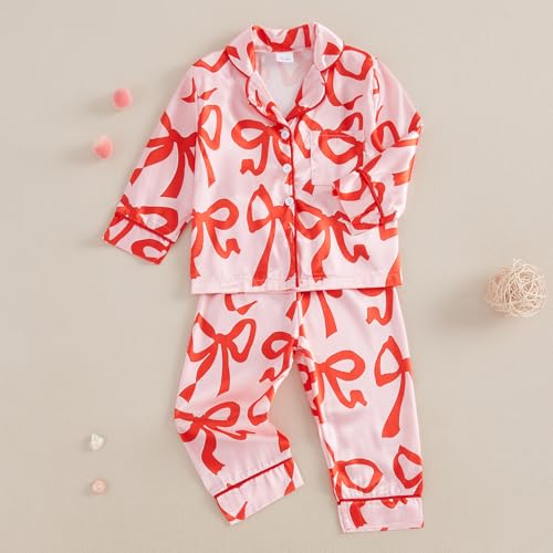 Christmas Pajamas Toddler Girl Santa/Tree/Bow Print 2 Piece Fuzzy Pajama Set Kids Satin Silk PJs Nightgown Outfit2