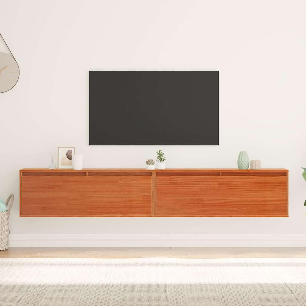 Szafki ścienne z regałem, zestaw 2 szt., woskowobrązowe lite drewno sosnowe, 100 x 30 x 35 cm, do salonu, sypialni, biura, montaż na ścianie, oszczędność miejsca, uniwersalne, łącznie z