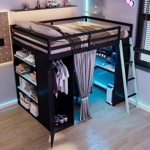 Image of Harper & Bright Designs Full Size Loft Bed with Wardrobe and Storage Shelves, Wooden Loft Beds Full with RGB Lights, Charging Sation and Blackout Curtains, Space-Saving, Black+Blue