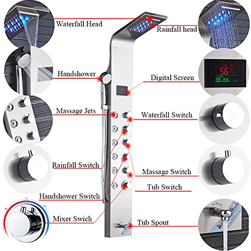 Sistema de Panel de Ducha de Alto Flujo con Pantalla Digital LED, Torre de Panel de Ducha Multifunción en Acero Inoxidable con 4 Salidas de Agua miniatura 6