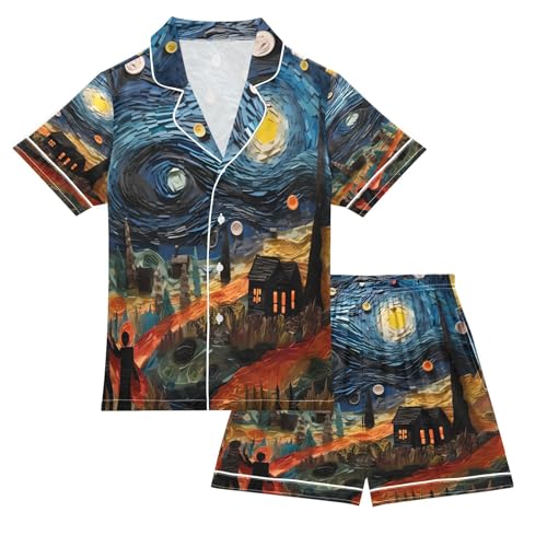 ALAZA Magic Starry Night Van Gogh House Satin Pajamas Set Short Sleeve Button Down Sleepwear Summer Pjs 2 Piece