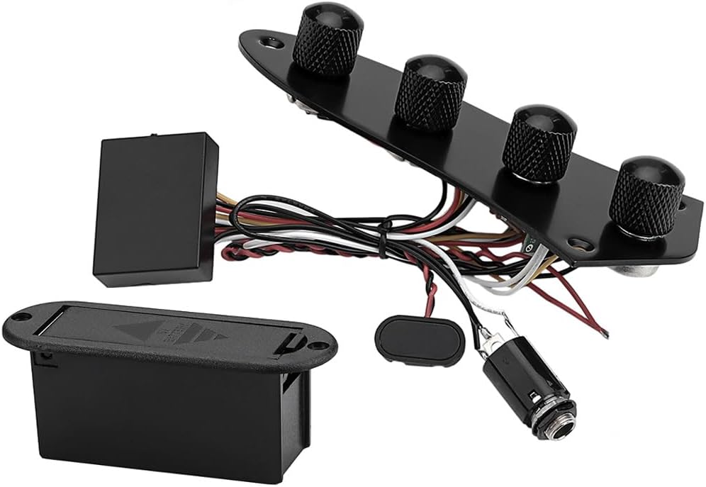 Guitar Prewired Control Plate Loaded Control Board with Wiring Harness Fit for Jazz Bass Guitar Replacement Parts,Come with Metal Knobs,Potentiometers,Crcuit Set for Electric Guitar Preamp Black