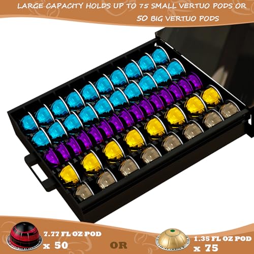 Coffee Pod Holder Rolling Drawer Organizer with Deluxe Piano Black Tempered Glass Top, Compatible for All Nespresso Vertuo Pods, Holds up to 75 Small or 50 Big Vertuo Pods