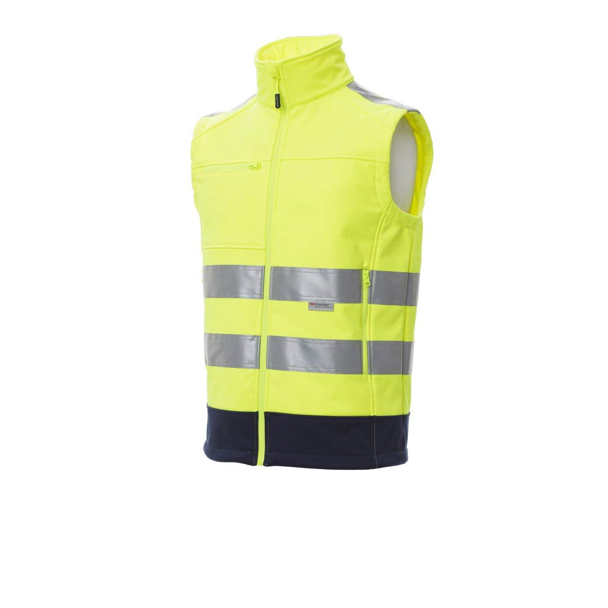 PAYPER Traffic Gilet Softshell Alta visibilità Uomo da Lavoro 100% Poliestere Chiusura Zip Bande Riflettenti Tasca al Petto Porta Badge Giallo Fluo/Blu Navy (3XL)