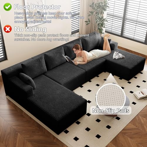 Image of 142 inch Cloud Sectional Boneless Couches for Living Room, Modular U Shaped Couch with 2 Chaise, Modern Comfy Deep Seat Corduroy Memory Foam Compressed Sofa for Apartment, Black