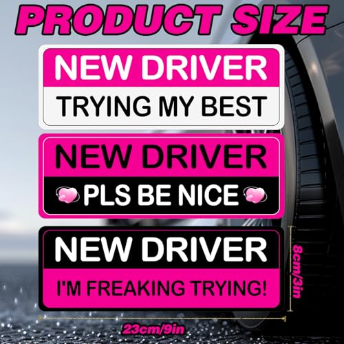 Image of 3Pcs Rose Red Student New Driver Car Magnetic Bumper Stickers Logo, Brightly Colored Safety Warning Signs for Women, Funny Car Magnet Accessories Stickers Suitable for Students and Novice Drivers
