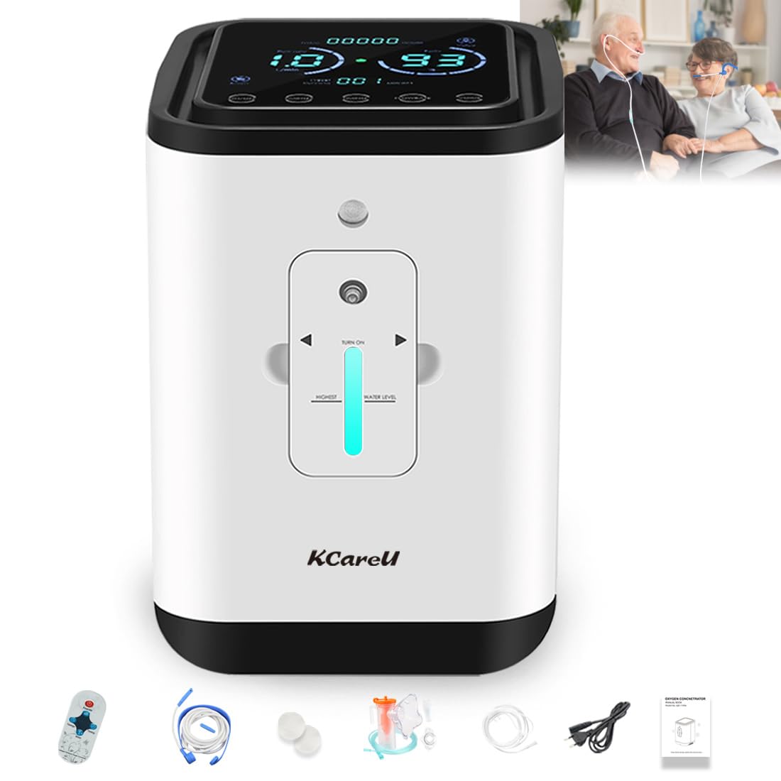 KCareU Oxygen Machine 1-7L/min Adjustable Wheelchair Oxygen Device 93%~30% High Purity Oxygen Generator for Home use