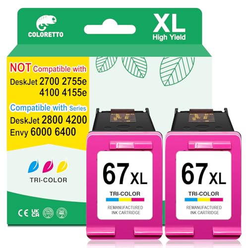 COLORETTO 67XL Color Ink Cartridges for HP 67 Color Ink Cartridge for Deskjet 2800e 2855e 2827e 2842e 2852e 2700 2755e 2742e 4255e 4227e Envy 6455e 6055e 6000 for HP67 Tricolor Replacement (2 Pack)