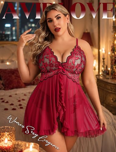 Image of Avidlove Plus Size Lingerie for Women Sexy Lingerie Dress Lace Babydoll Lingerie V-Neck Open Front Strap Nightdress