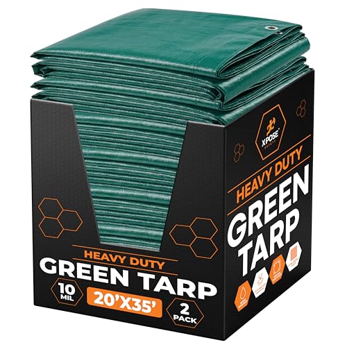 Image of Heavy Duty Poly Tarp - 20' x 35' (2-Pack) - 10 Mil Thick Waterproof, UV Blocking Protective Cover - Reversible Green and Black - Laminated Coating - Grommets - by Xpose Safety