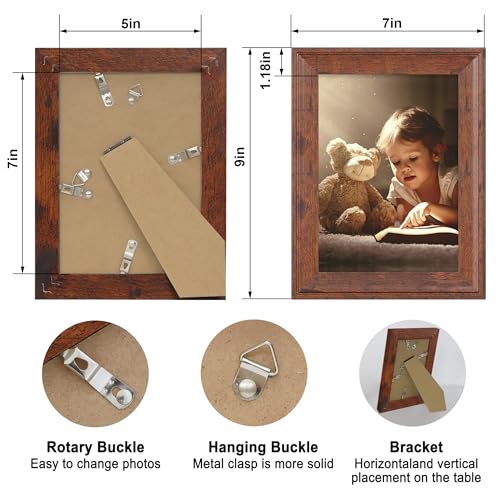 Image of iRahmen 5x7 Picture Frame Set of 4, Brown Rustic Retro Photo Frame with Real Glass, 5 x 7 Frames for Wall Mount and Tabletop Display