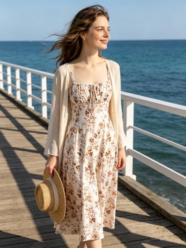 Image of YATHON Women's Summer Midi Corset Boho Dresses Spring Casual Floral Spaghetti Straps Lace Up Dress Flowy Aline Beach Sundress
