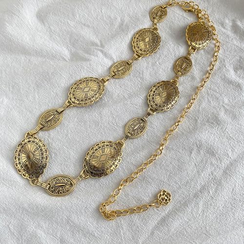 Women Boho Chain Belts, Western Cowgirl Waist Links Belt Adjustable Metal Concho Metal Chain Dress Belt Hollow Out Daisy Decorated Skinny Waist Belt For Dresses4