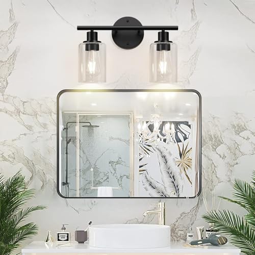 Image of Zarbitta 2-Light Bathroom Light Fixtures, Black Modern Vanity Lights with Clear Glass Shade, Bathroom Wall Lamp for Mirror Kitchen Living Room Hallway Cabinet Porch