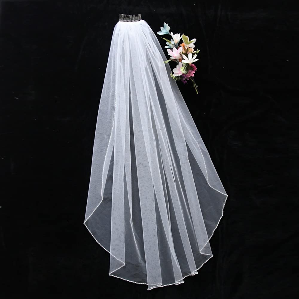 Velo de Novia Suave de 1 Nivel, Velo de Novia con Borde de Cuentas de Cristal, Velo Corto con Peine, Brillantes Diamantes de imitación para Boda (Blanco 100)