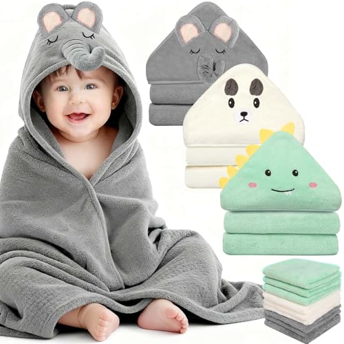 Image of Sublaga 12 Pcs Baby Towels and Washcloths Set, Hooded Baby Towel, Soft and Absorbent Baby Bath Towels, 3 PCS Cute 32x32 in Baby Towel with Hood and 9 Pcs Baby Washcloths for Boys and Girls
