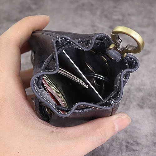 Genuine Leather Drawstring Pouch, Leather Coin Purse Pouch Keychain Mini Vintage Jewelry Key Dice Personality Change Coin Purse Pouch Bag Organizer for Men Women (Yellow)4