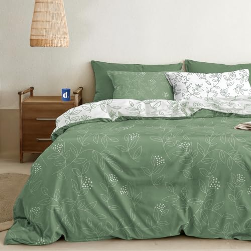 Dreamzie Bettwäsche Set 135x200 cm mit 1 Kissenbezug 80x80 cm – Salbeigrünes Blättermuster – Bettwäsche für Einzelbett aus 100% Mikrofaser – Oeko-Tex Zertifiziert – Ohne Schadstoffe