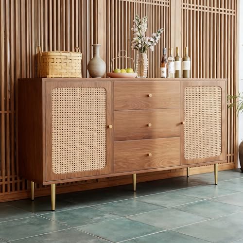 90x150x40 cm (HxBxT) Kommode in Nussbaum, mit 2 Rattantüren, 3...