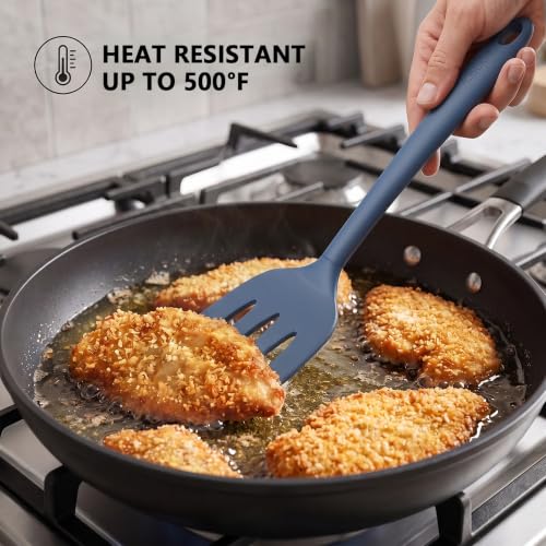 Image of Coukre 3 Pack Silicone Spatula Set, Heat Resistant to 500F, BPA-Free | Fish Spatula, Solid & Slotted Turners, Dishwasher Safe, Spatula Set for Eggs, Pancakes, Fish & Burgers, PureDarkBlue
