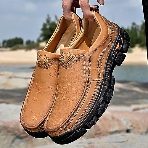 Men's Thick Bottom Slip on Leather Loafer,Hand Stitching Comfort Anti Slip Moccasins Casual Walking Shoes Outdoor Hiking Driving Work Office Dress Men Classic Leisure Sneakers4