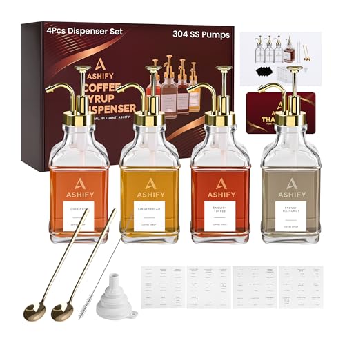 ASHIFY 16.9oz/ 500ml Coffee Syrup Dispensers with 304 Stainless Steel Gold Pump - 4Pcs Glass Coffee Bar Syrup Bottles with 36 Labels, 2 Spoons, Funnel and Cleaning Brush Set for Bar Accessories