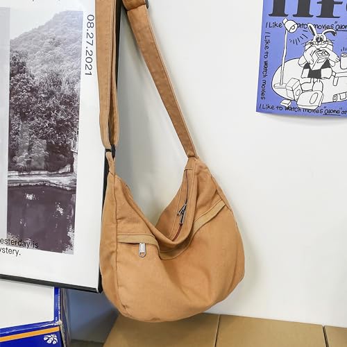 Image of Canvas Messenger Bag Large Hobo Crossbody Bag with Zipper Casual Shoulder Tote Handbag for Women and Men