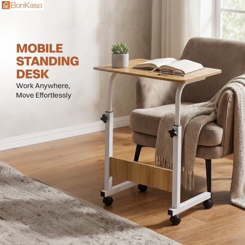 Image of BonKaso Height Adjustable Laptop Table with Wheels, Portable Rolling Computer Desk, Wooden Top, Lockable Casters, Mild Steel Frame, Multipurpose Bed Sofa Study Work Table for Home Office - Walnut