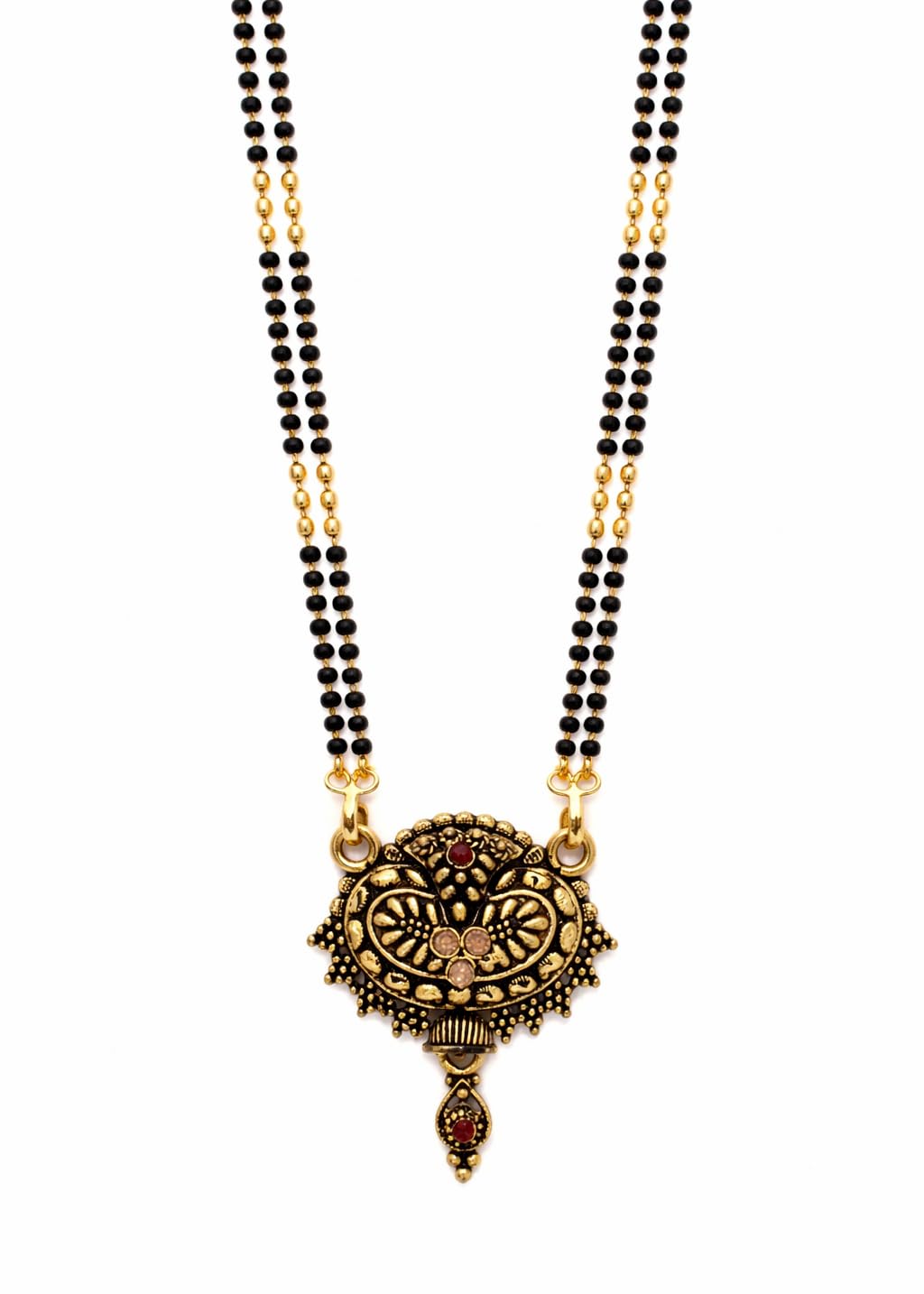 Traditional Antique Gold Plated Mangalsutra for Women with Red Stone Pendant | Double Line Black Beads Designer Mangalsutra Necklace | Ethnic Bridal & Festive Jewellery | 22K Gold Plated | 18 Inch | S-Hook Closer-image-45