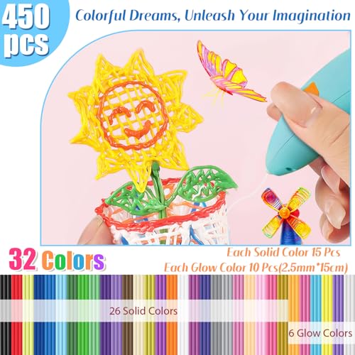 Image of 450 Pcs 3D Pen Printer Filament Refill for Start 3D Pen,32 Colors 2.5mm Thick Low Print Temperature PCL Filament Only Fit for 3Doodler Pens,Each Length 6 Inch
