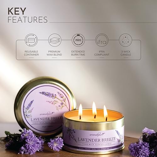 Image of Aromahpure Lavender 3 Wick Candle in Container with Lid Pack of 3 | 85g Each | Burn Time 7 Hours Each | Scented Candle | Relaxing Aromatherapy Candles for Home Decor, Gifting, Bedroom & Spa