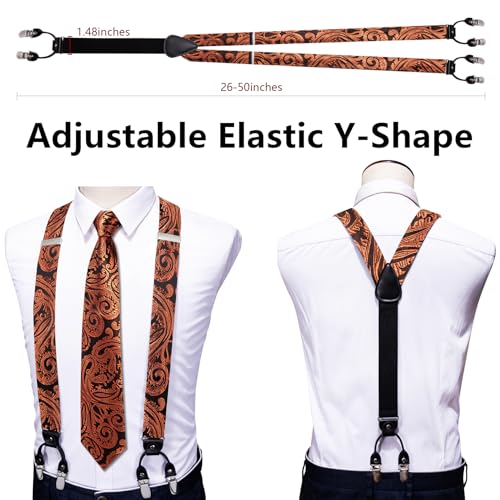 Image of Barry.Wang Men Suspender Set with Necktie Elastic Y Type Heavy Duty 6 Clips Braces Tie Handkerchief Cufflink Pin 6PCS