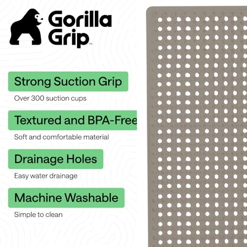 Image of GORILLA GRIP Patented Bath Tub Shower Mat, Machine Washable Bathtub Floor Liner Mats, Suction Cups and Drain Holes to Keep Tubs Clean, Soft on Feet, Bathroom Essentials, 35x16 Inch, Beige
