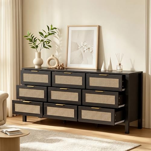 YOCONYO 9 Drawer Dressers for Bedroom Rattan Dresser with Drawers Modern Wood Dresser with Metal Handles Chest of Drawers for Bedroom Living Room Entryway (Black-9 Drawer)