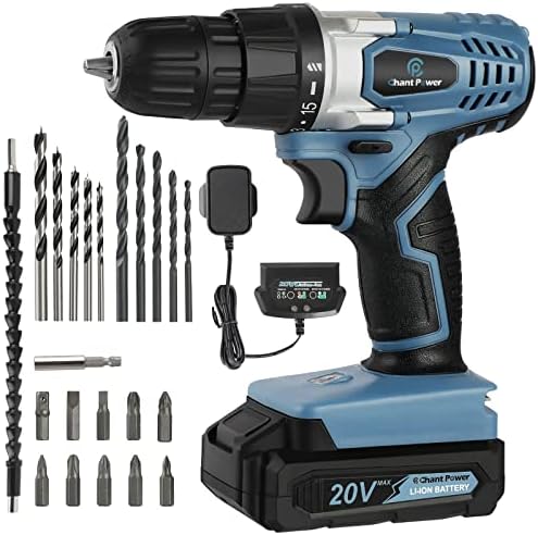 C P CHANTPOWER Cordless Drill Set, 20V Electric Power Drill Driver with Battery and Charger, 10mm Keyless Chuck, Variable Speed, 16 Position and 22pcs Accessoris