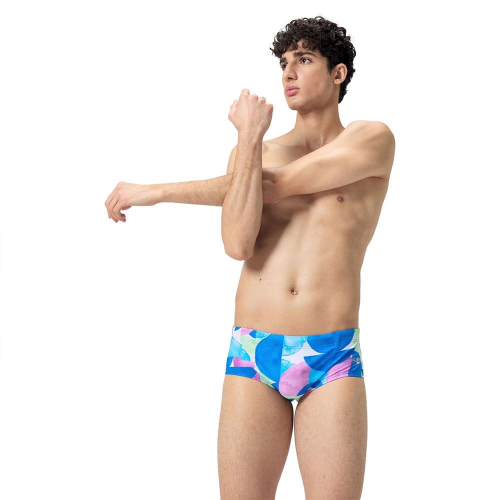 Speedo Men's 13.5cm Club Training Allover Brief Swim Trunks Swimmers Blue Pink