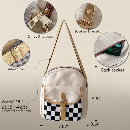 Nylon Crossbody Bag for Girl Boy, Checkered Pattern Front Pocket, Multi-Pocket Shoulder Bag Handbag Purse2