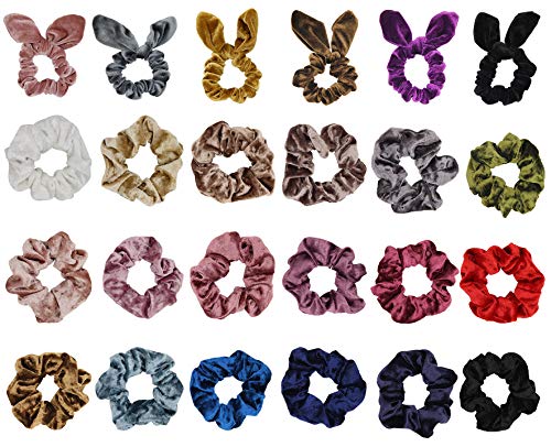 (24 Pack) Hair Scrunchies, 18 Pcs Velvet Elastic Hair Bands Scrunchies, 6 Pcs Rabbit Bunny Ear Style Scrunchies Ponytail Holder Scrunchy Hair Ties for Women & Girls