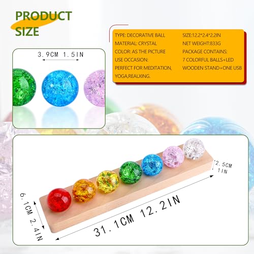 7 Colors Ice Cracked Balls with LED Wooden Base 40mm Healing Sphere Balls Set Crystal Chakra Night Light Decor for Home