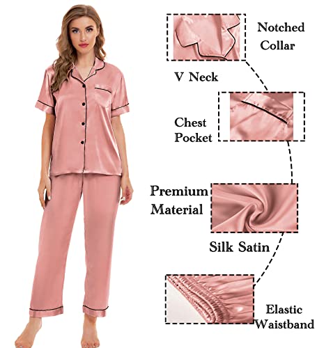 Image of SWOMOG Womens Silk Satin Pajamas Sets 4pcs Sleepwear Sexy Cami Shorts Set and Button Down Short Sleeve Pjs Loungewear Misty Rose X-Small