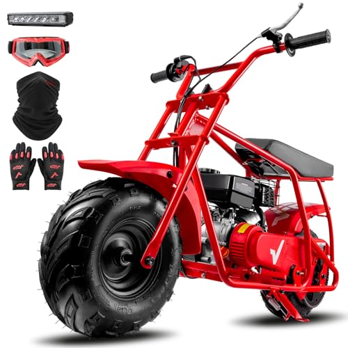 FRP GMB100 Mini Bike, 99CC 4-Stroke Mini Bikes for Adults, Off-Road Motorcycle W/LED Headlight, Goggles, Gloves and Neck Gaiter Up to 28 Mph, Weight Support Up to 220 LBS（Red）