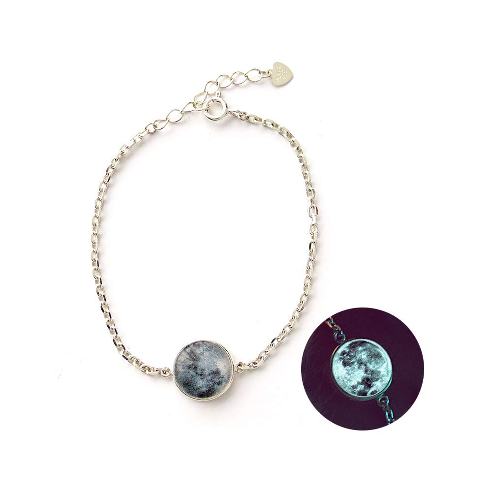 WingBling Lucky Unique Glow in The Dark White Full Moon Silver Bracelet for Women Dainty Handmade in Korea l Chain Pendant Style l Jewelry Gift Friendship Luminous Radiant Crescent Phase