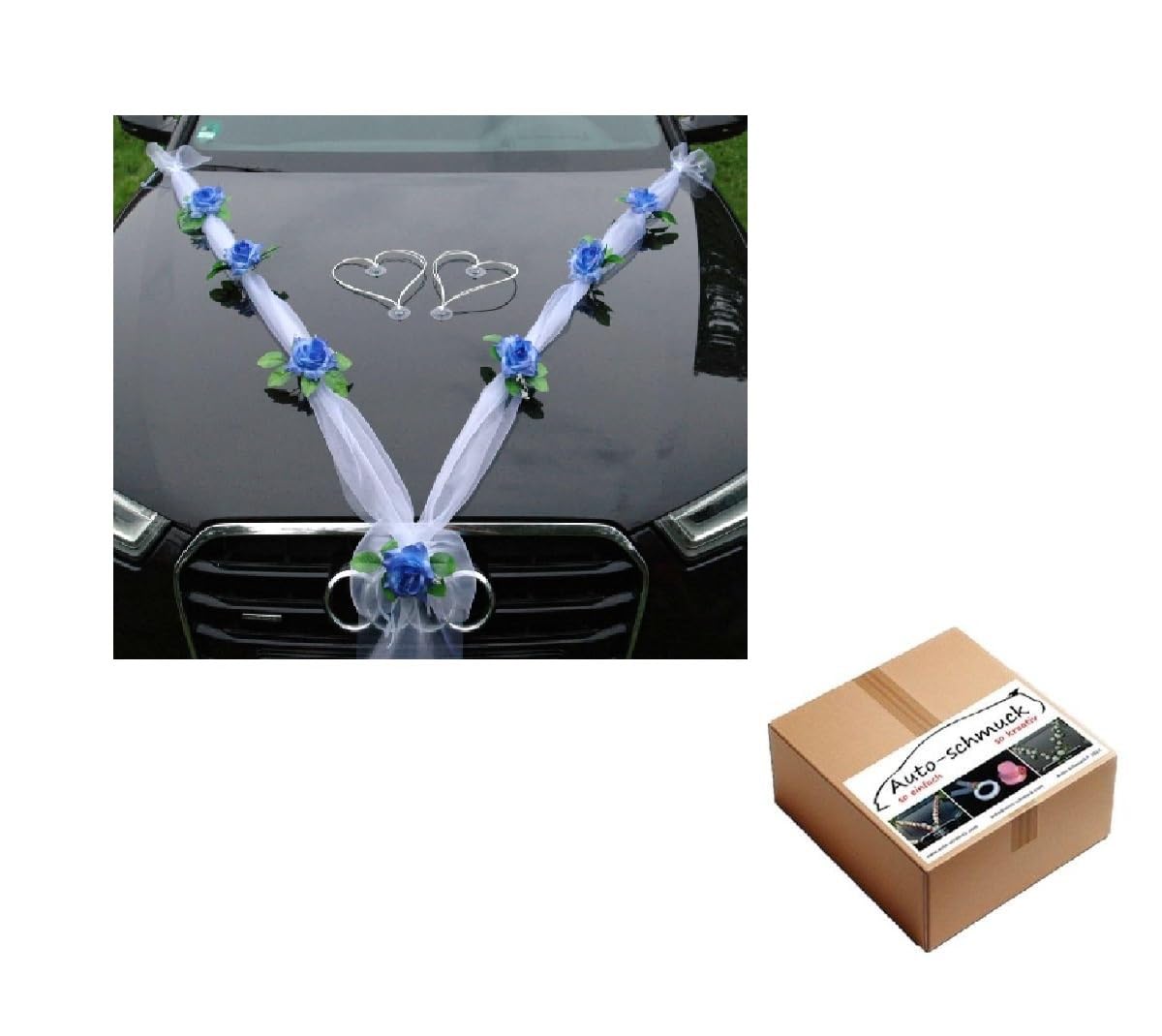 ORGANZA M + HERZEN Braut Paar Rose Deko Dekoration Autoschmuck Hochzeit Car Auto Wedding Deko Ratan Girlande ®Auto-schmuck PKW (Hellblau/Weiß/Weiß)