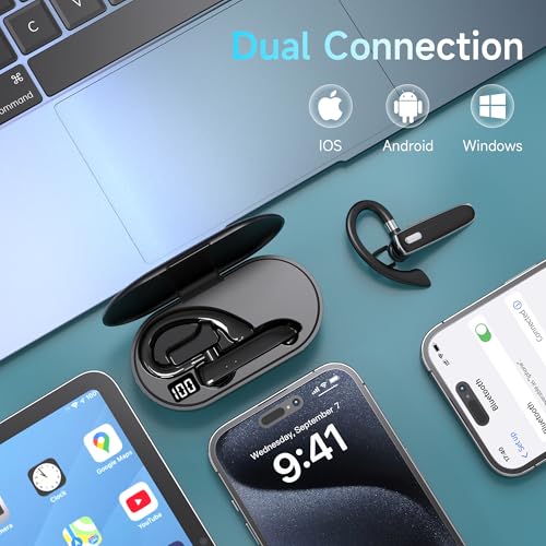 Image of Wireless Single Ear Bluetooth V6.1 Headset, Business Earpiece with Mic | CVC8.0 Noise Cancelling,100H Playtime, LED Display, Dual Device Pairing, Mute Button for Office, Driving, Trucker