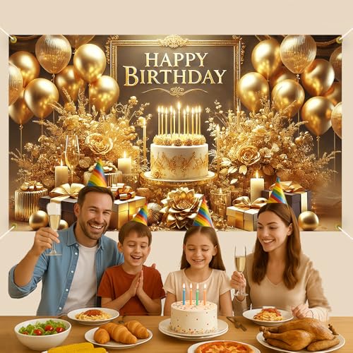 Image of Happy Birthday Backdrop, 70.8x43.3in Large Gold Glitter Party Photography Background Indoor Photo Booth Banner Spring Birthday Party Decorations Supplies for Women Men Adults Boys Girls Kids