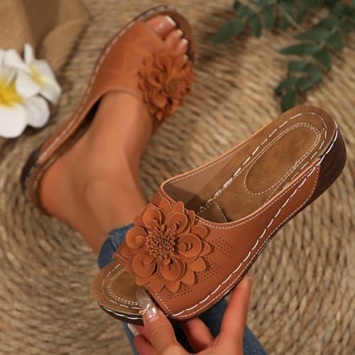 Womens Wedge Sandals 2025 Flower Summer Dressy Flat Open Toe Platform Shoes Casual Boho Slip on Beach Walking Sandals4