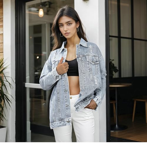 Mars Guard Women's Jean Jacket Denim Distressed Oversized Ripped Long Boyfriend Jacket Fall Soft Shacket Trucker Coat4