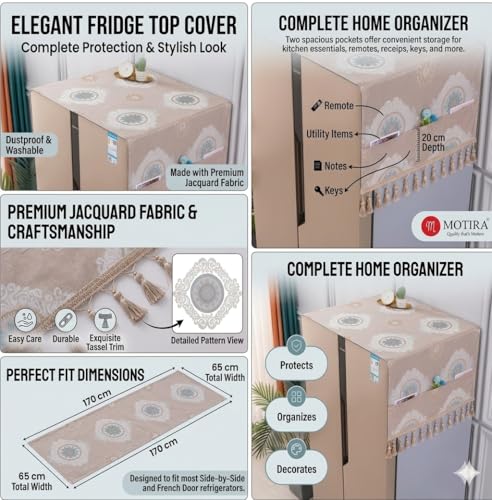 Image of Fridge Top Cover by Motira - Double Door & French Door Protector, Floral Embroidery with 6 Pockets 65 x 170 CM (Peach).