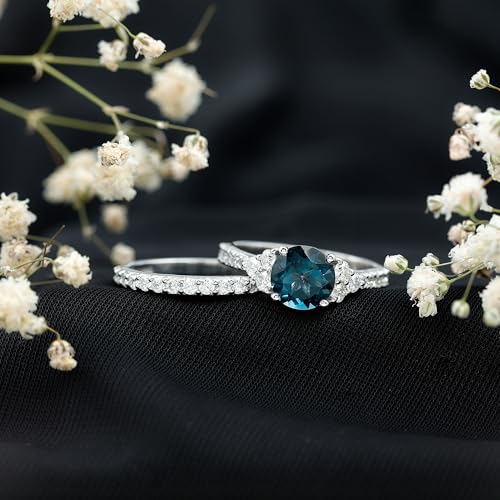 Real London Blue Topaz Engagement Ring With Wedding Band, AAA Quality, 8 mm Round Topaz Moissanite Bridal Ring Set3